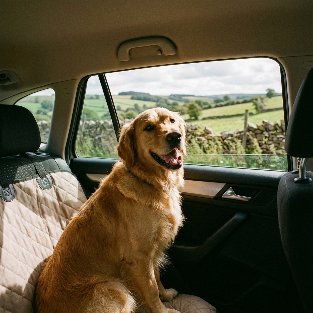 Golden retriever sitting on a waterproof dog seat cover in the back of a car