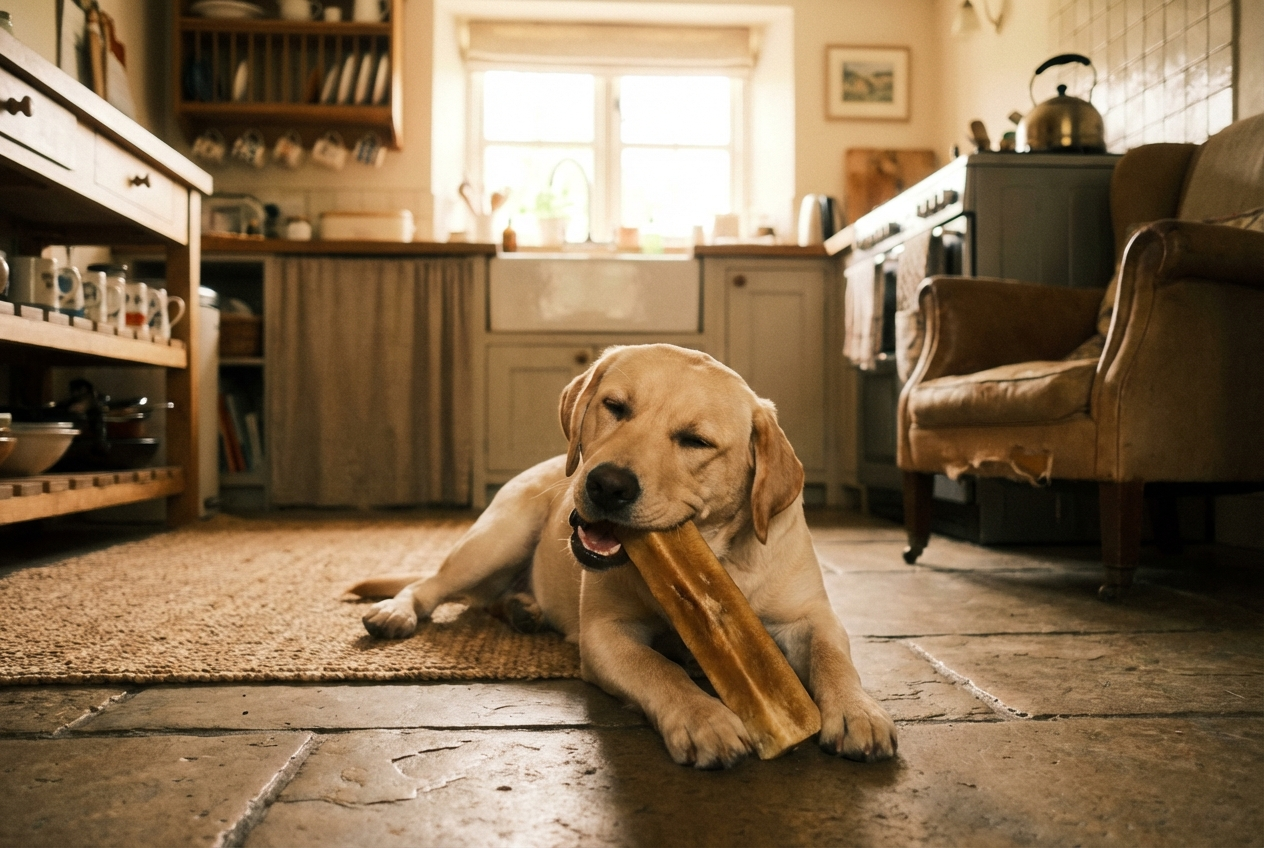 Happy labrador chewing on a natural yak chew on a kitchen floor