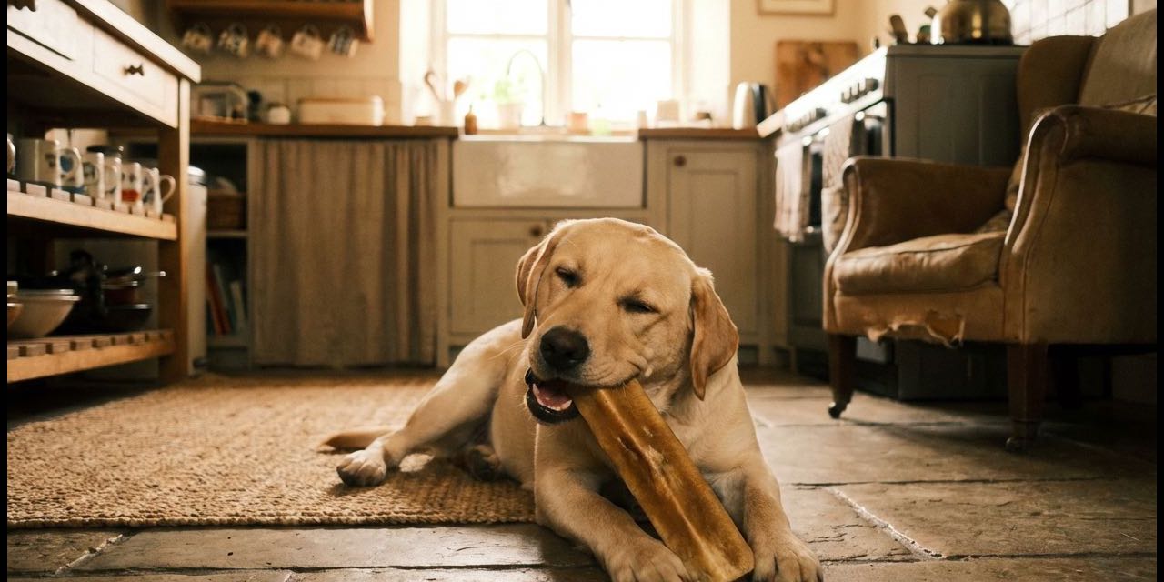 Happy labrador chewing on a natural yak chew on a kitchen floor