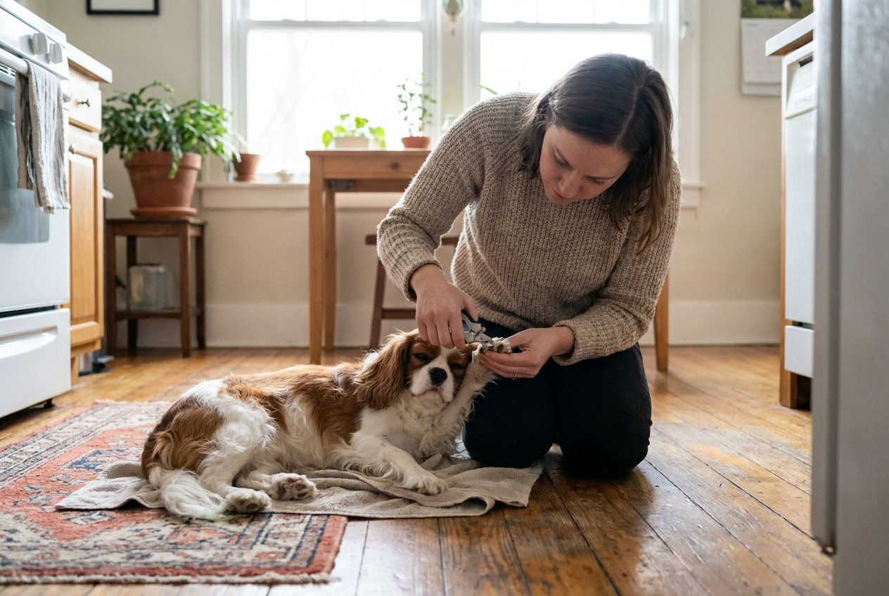 Cavalier King Charles spaniel being gently groomed with nail clippers
