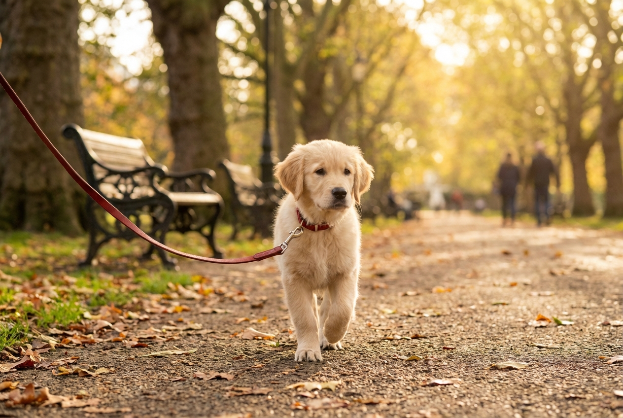 Golden retriever puppy on a lead walking through a sunny British park