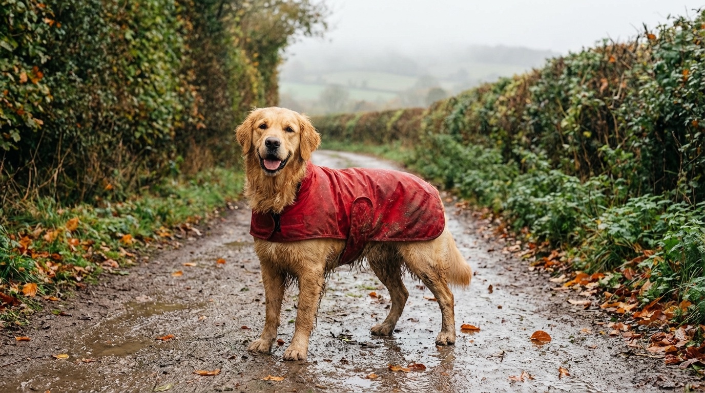 Happy golden retriever wearing a waterproof coat on a muddy countryside walk