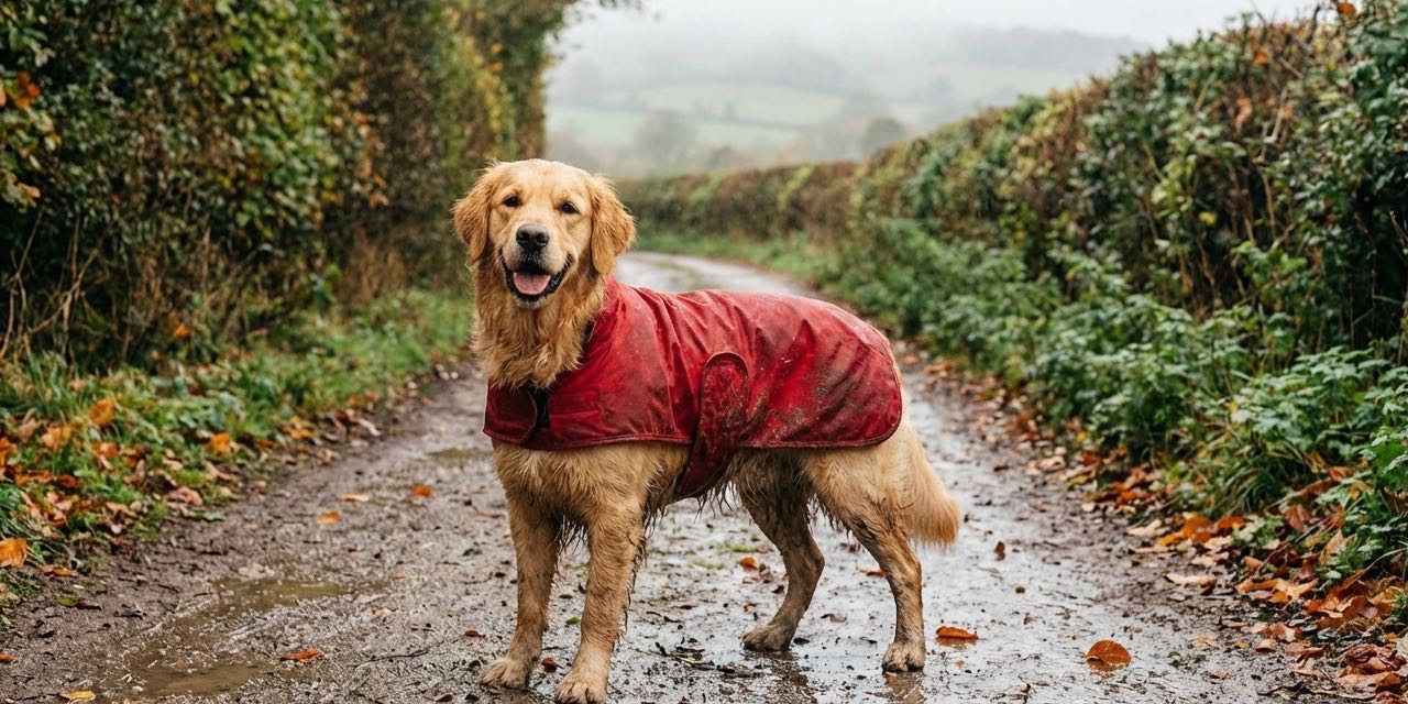 Golden retriever in a red coat on a muddy country lane