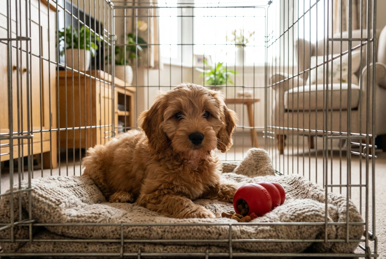 Cockapoo puppy sitting in a cosy crate with a Kong toy and soft blanket