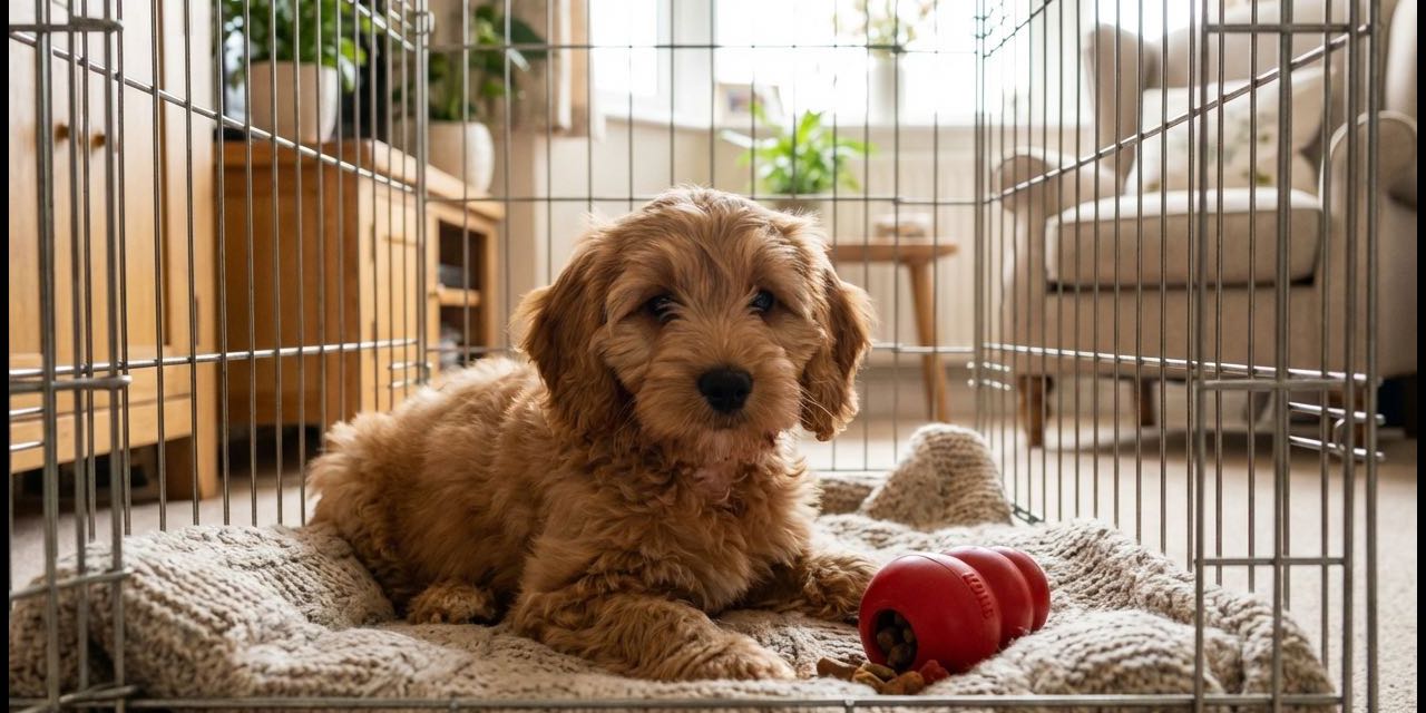 Cockapoo puppy sitting in a cosy crate with a Kong toy and soft blanket